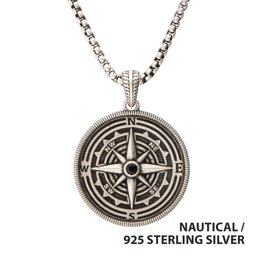 Sterling Silver Magellan Compass Pendant with Faceted Black Spinel 22