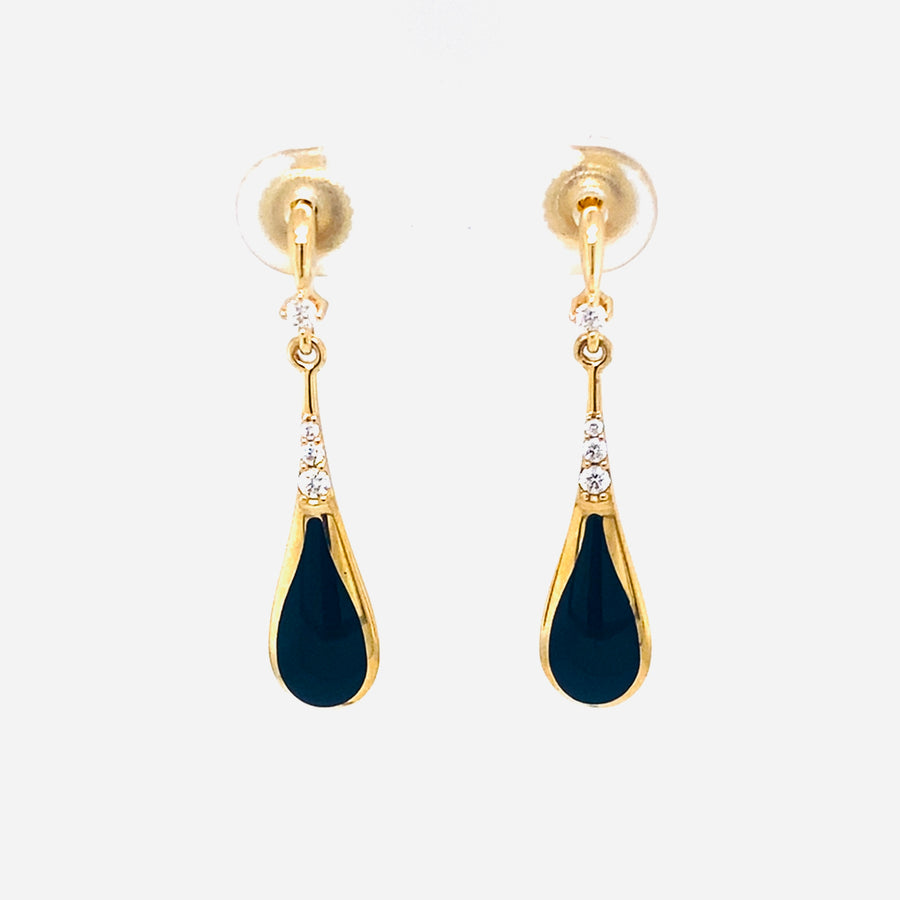 14kt Yellow Gold drop earrings with Inlay Onyx and Diamonds.