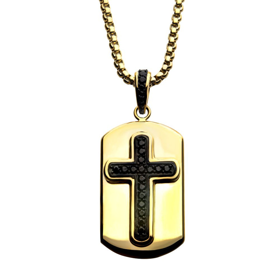 Black IP Cross with Black CZ Inlay & 18K Gold IP Dog Tag Pendant 24