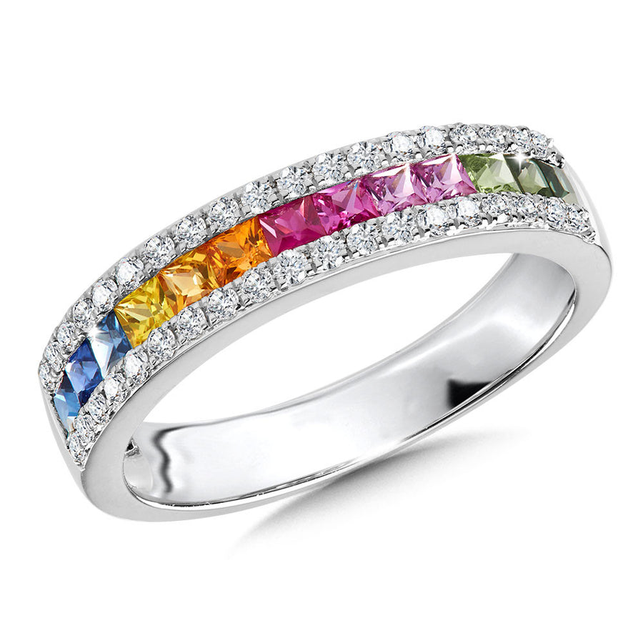 14K White Gold Rainbow Sapphire and Diamond Ring