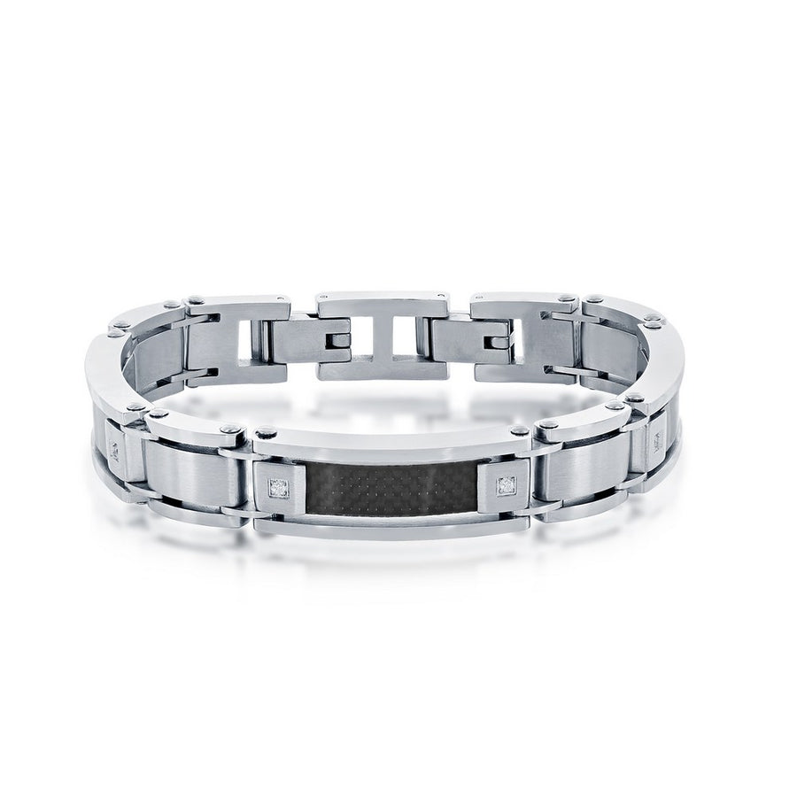 Stainless Steel Black Carbon Fiber Brushed and Polished Link Bracelet 8.5