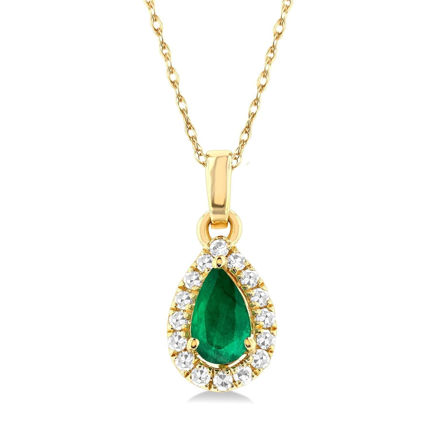 10K Yellow Gold Emerald and Diamond Halo Necklace