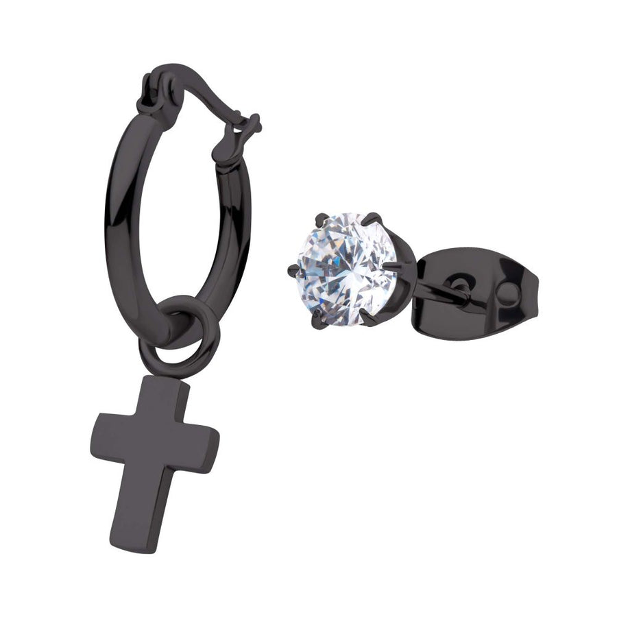 Black IP Dangling Cross Hoop & Prong Set CZ Stud Mismatched Earrings