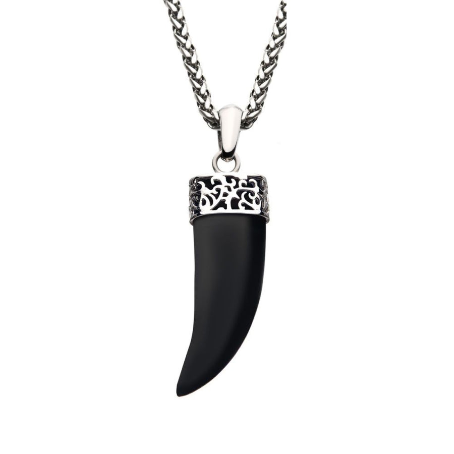 Stainless Steel with Black Agate Stone Horn Pendant, with Steel Wheat Chain