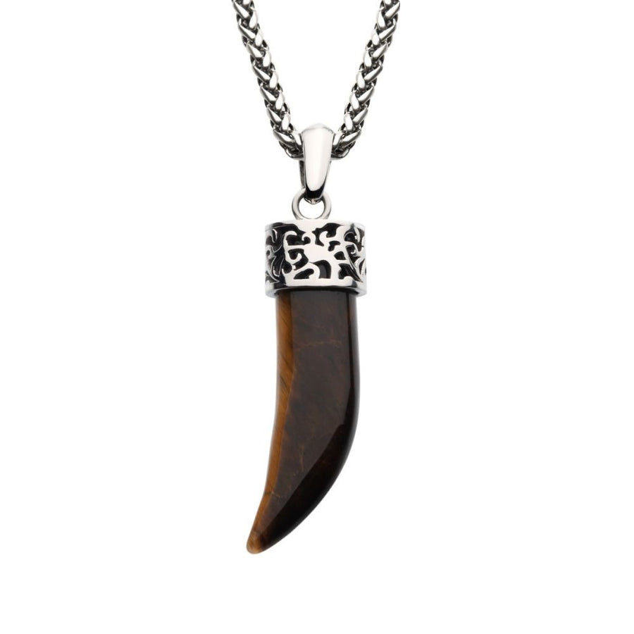 Stainless Steel with Tiger Eye Stone Horn Pendant, with Steel Wheat Chain