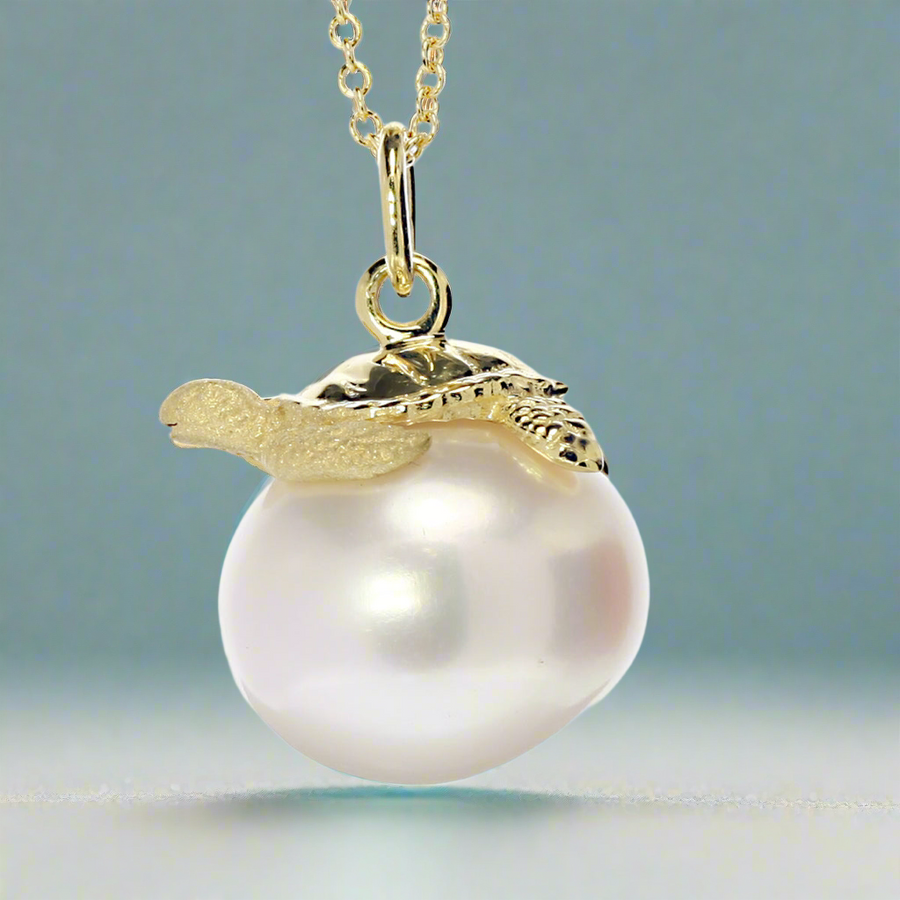 14k Gold Turtle and Pearl Necklace