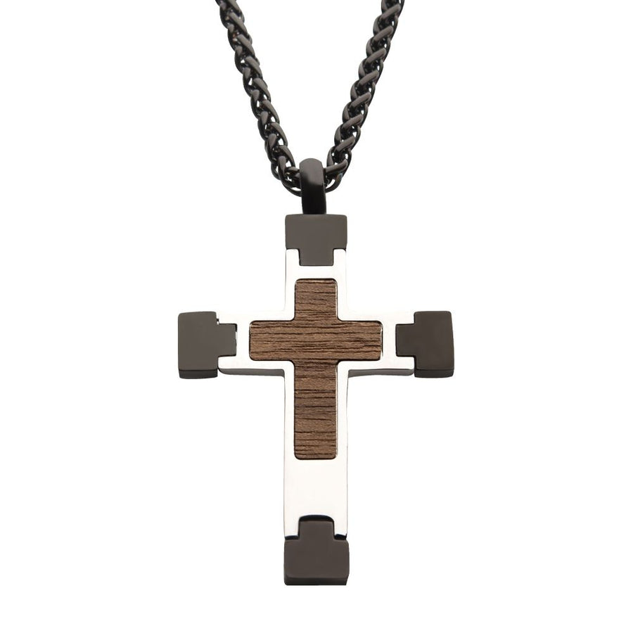 Steel Cross Pendant with Walnut Wood Inlay, with Black Wheat Chain 24