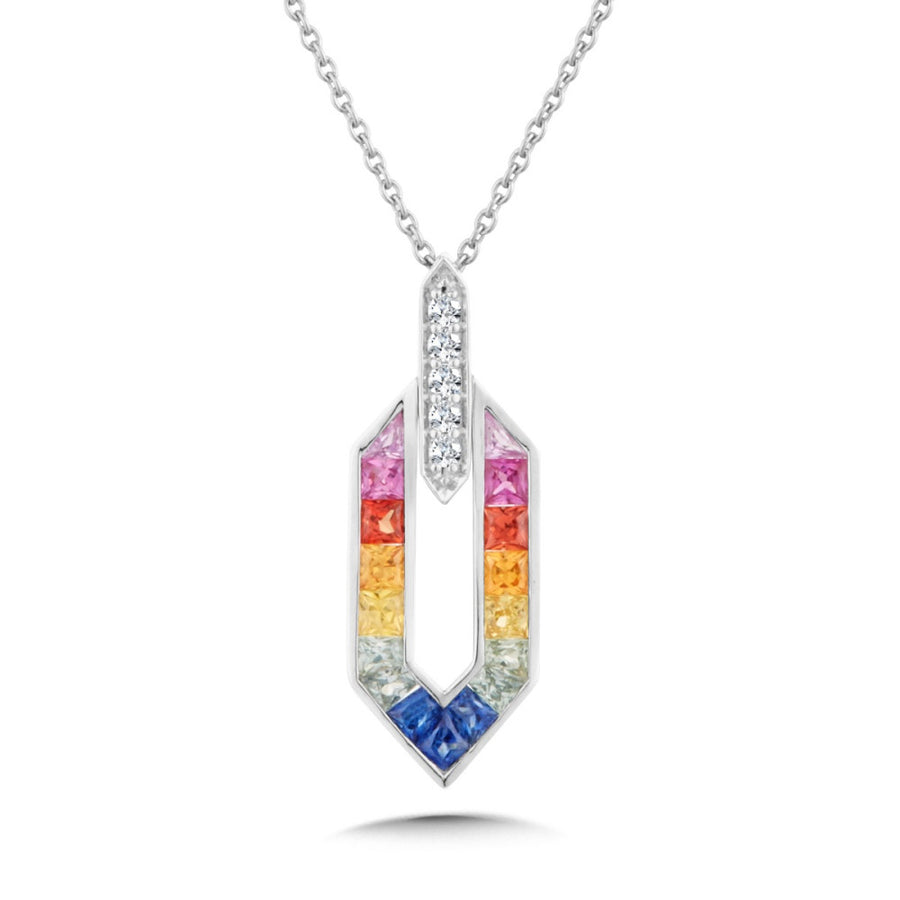 14K White Gold Mixed Sapphire and 0.14ct. Diamond Pendant on 18