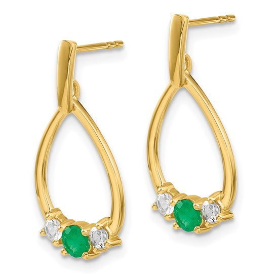 10K Yellow Gold White Sapphire and Emerald Earrings