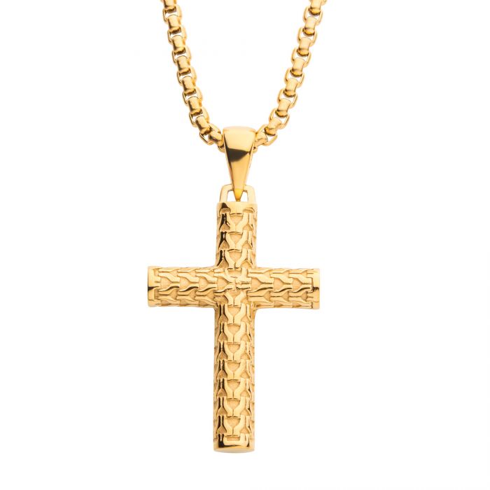 Polished 18K Gold IP Scale Cross Drop Pendant with Bold Box Chain 22