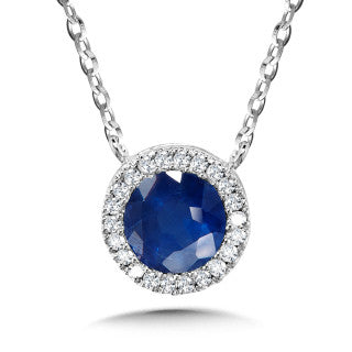 14K White Gold Sapphire and 0.05ct Diamond Pendant on 18