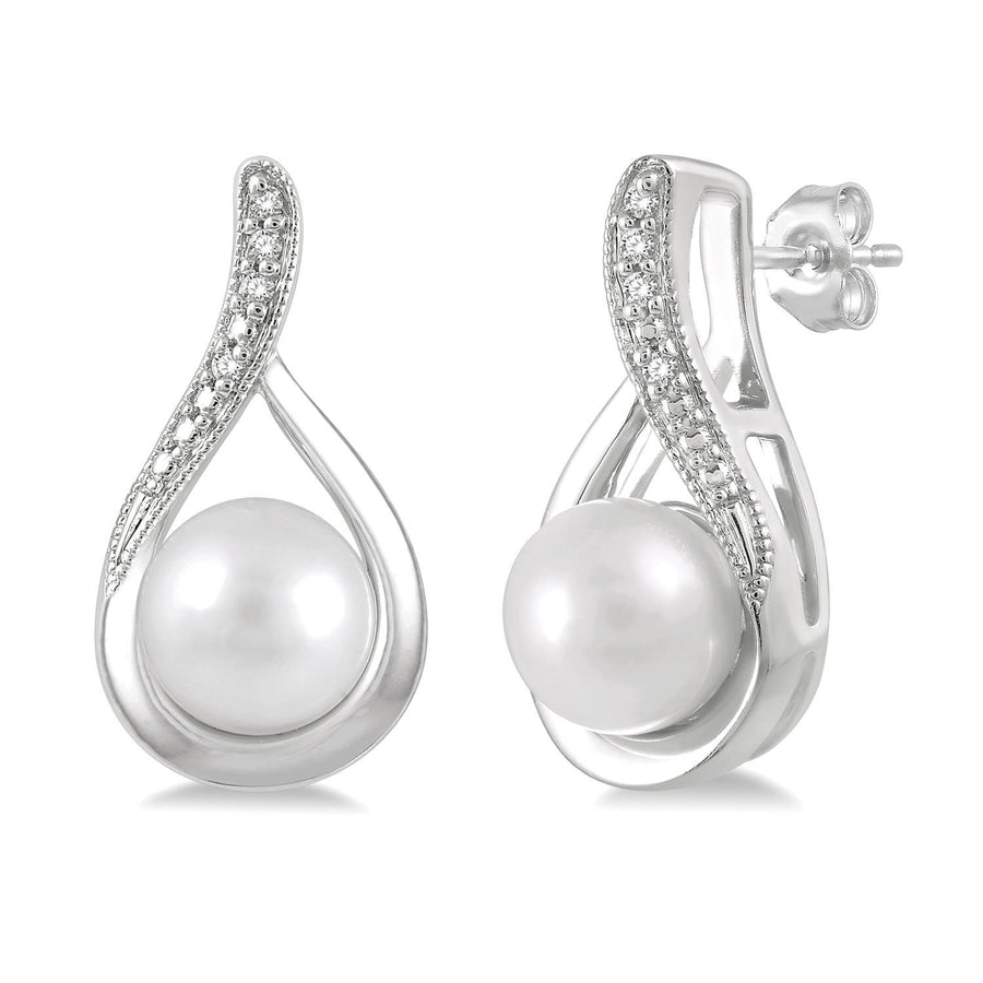 Sterling Silver 6mm Pearl and 0.03ct Diamond Earri