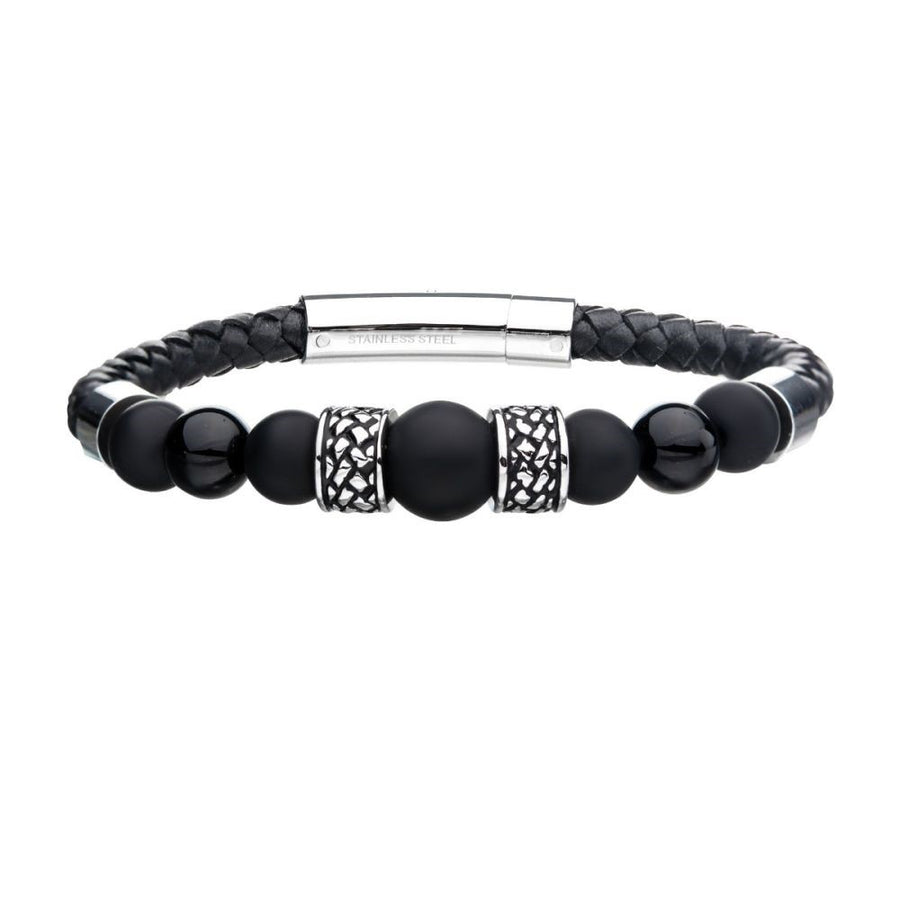 Cowhide Leather Bracelet with Black Onyx Beads